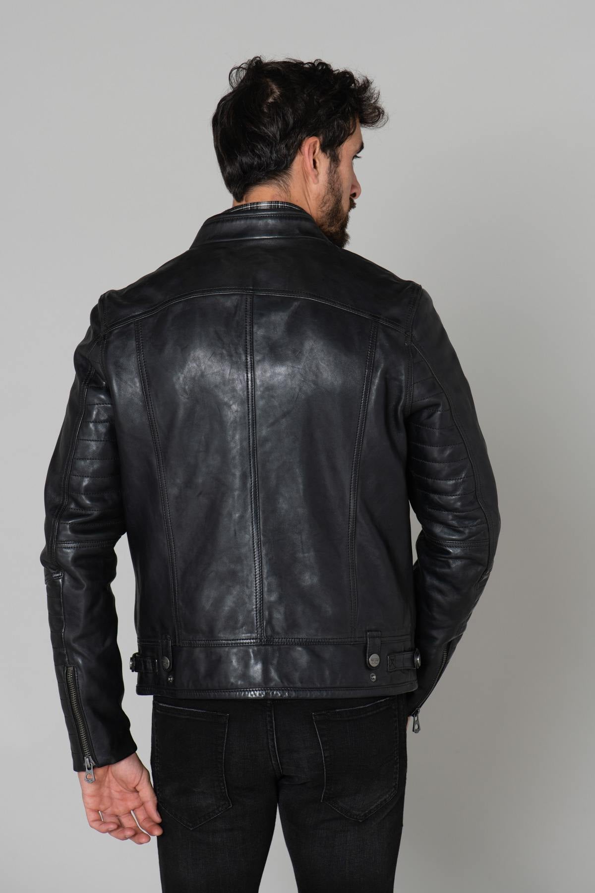 Daytona's glossy black sheep leather jacket with biker collar. - Image n°5