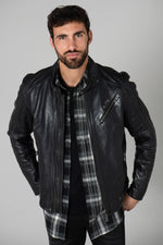 Daytona's glossy black sheep leather jacket with biker collar. - Image n°3