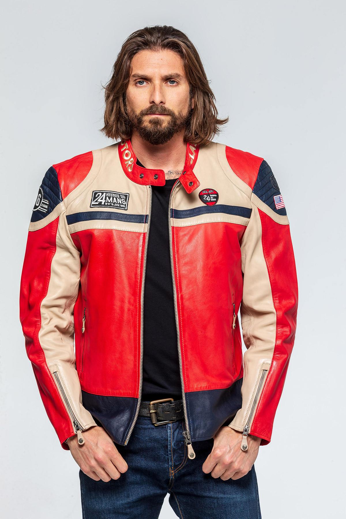 Sheep leather jacket in red/off-white, Le Mans 1966 tribute. - Image n°6