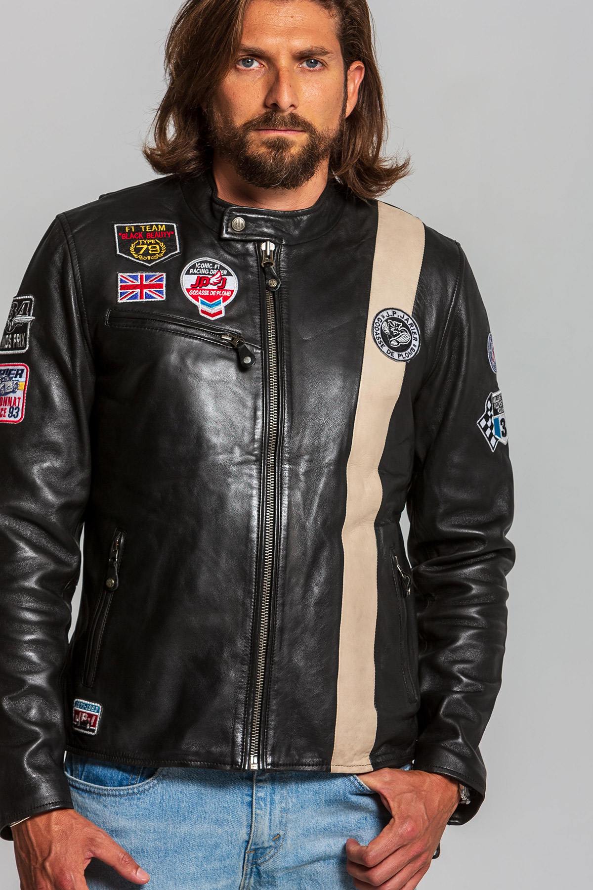 Black sheep leather racer jacket, inspired by Jarier's Lotus 79. - Image n°1