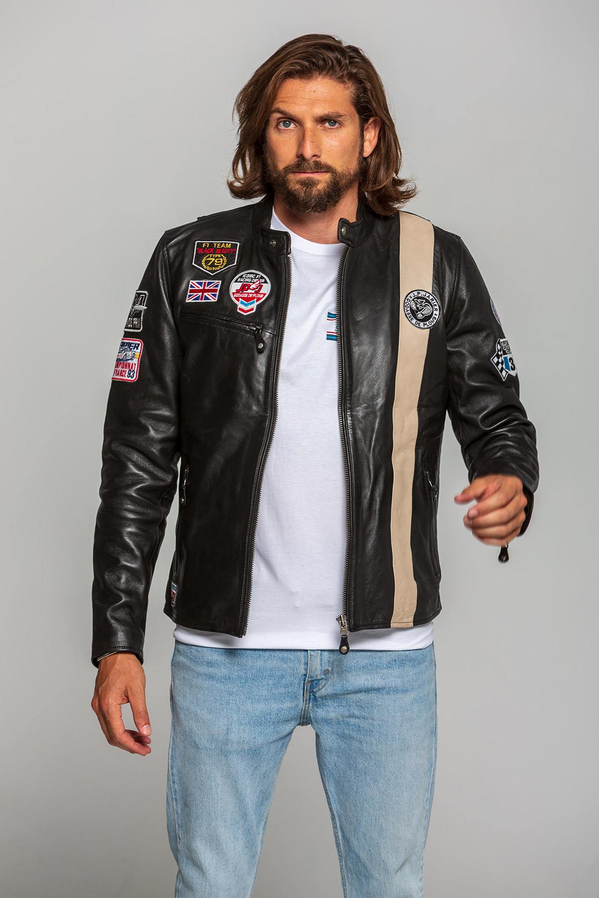 Black sheep leather racer jacket, inspired by Jarier's Lotus 79. - Image n°2