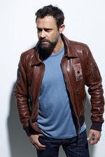 Petrol bison sheep leather A2 jacket with vintage aviation flags. - Image n°2