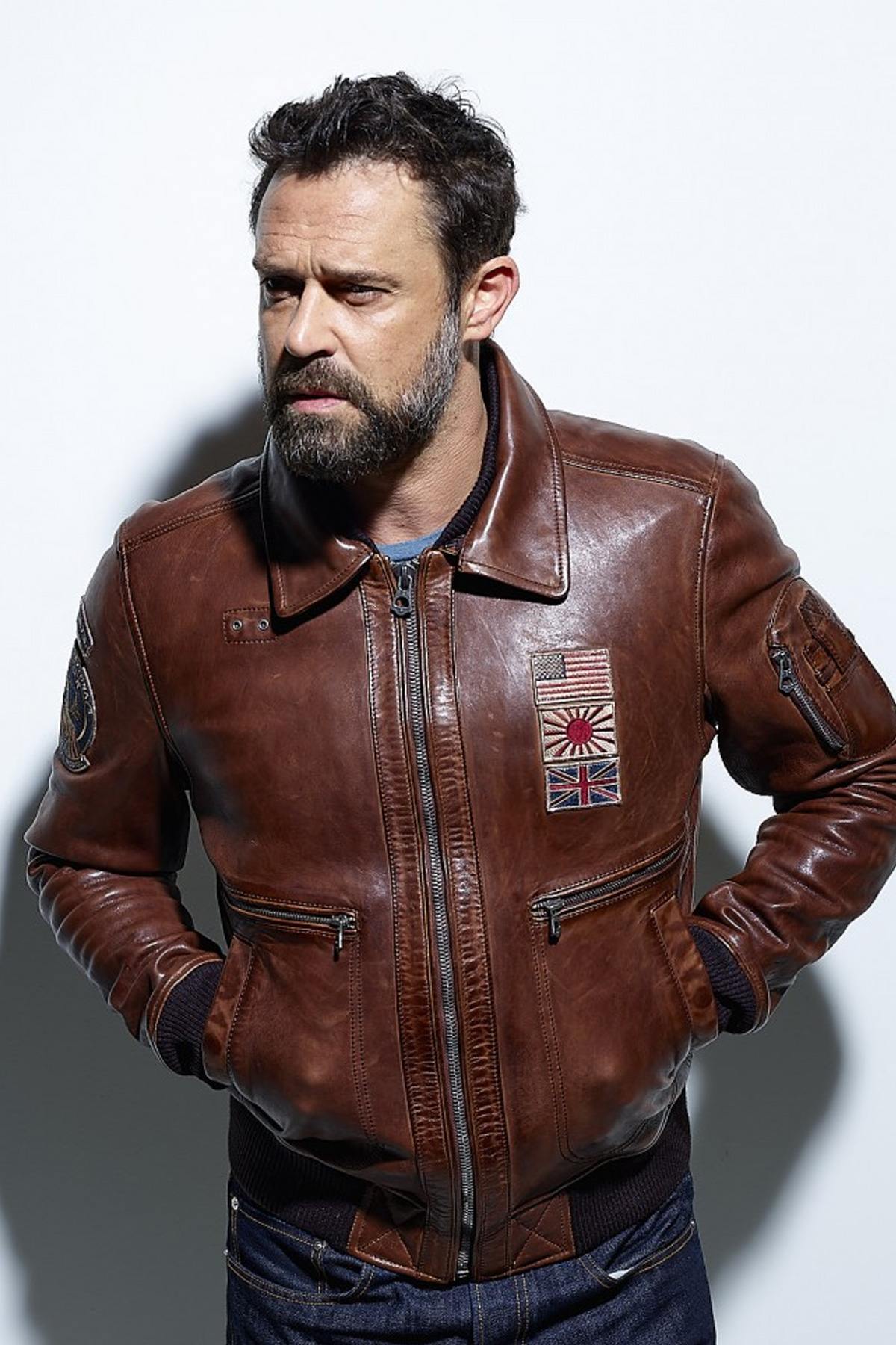 Petrol bison sheep leather A2 jacket with vintage aviation flags. - Image n°3