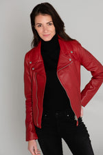 Vibrant red lambskin Perfecto by Schott, slim-fit for seasonal edge. - Image n°14