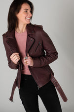 Violet sheep leather biker jacket. Slimfit, off-centre zip. - Image n°1