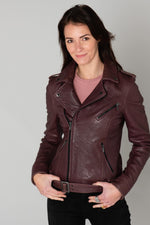 Violet sheep leather biker jacket. Slimfit, off-centre zip. - Image n°7