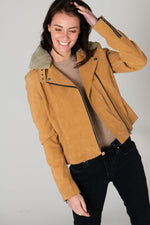 Washed nubuck cowhide biker jacket in warm Sandle Wood beige. - Image n°1