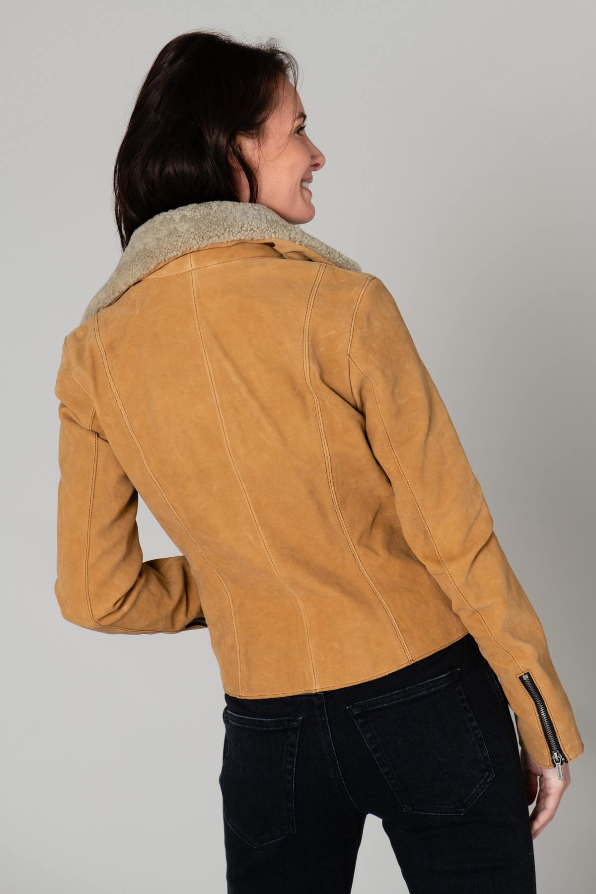 Washed nubuck cowhide biker jacket in warm Sandle Wood beige. - Image n°6