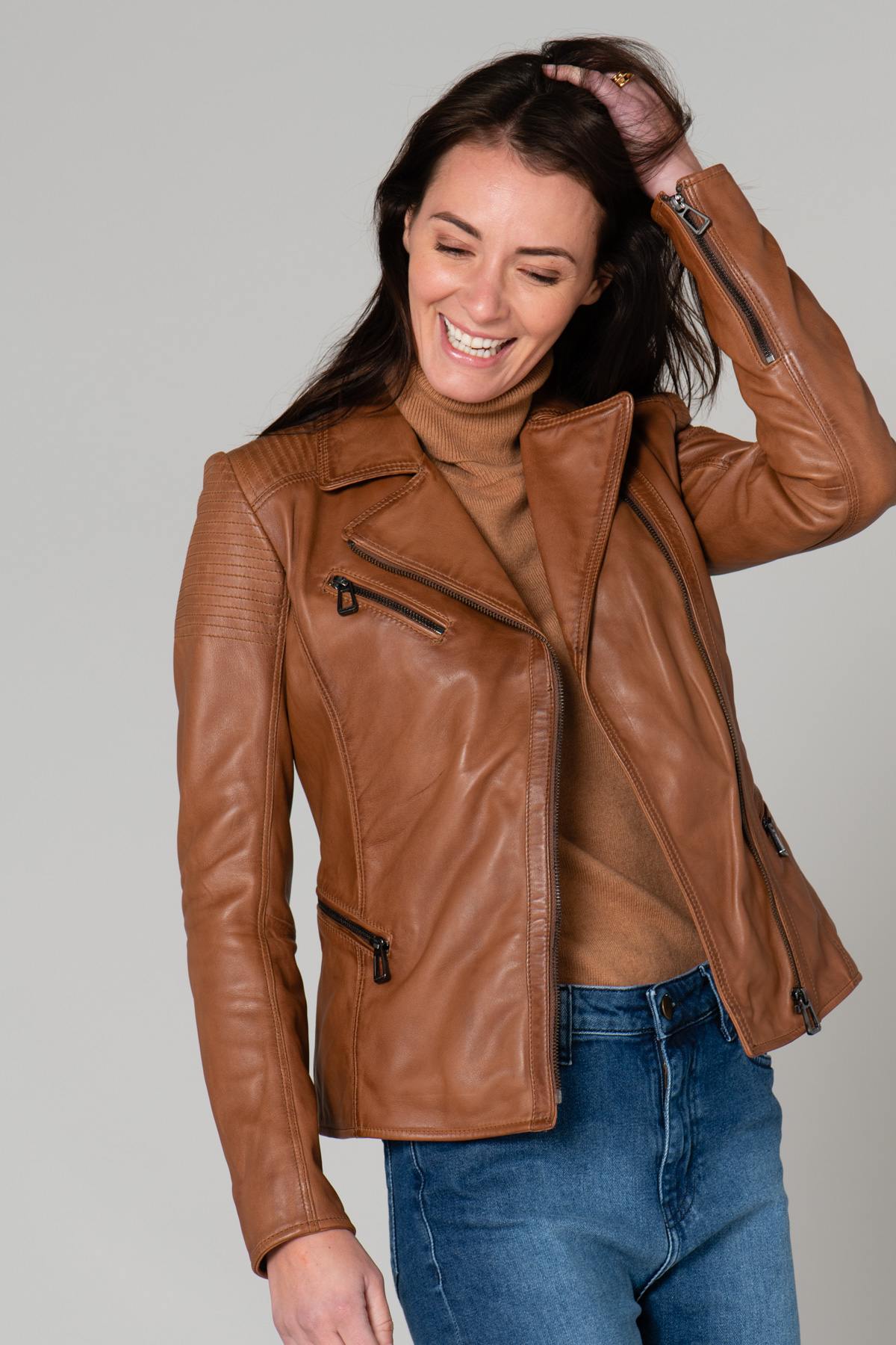 Long chic cognac Biker Jacket - Image n°1