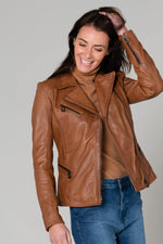 Long chic cognac Biker Jacket - Image n°1