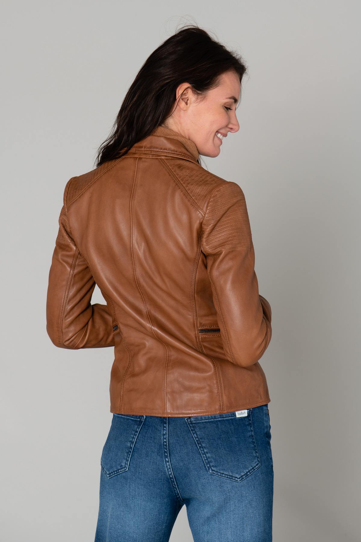 Long chic cognac Biker Jacket - Image n°7