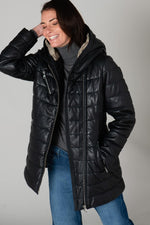 Long navy blue leather down jacket - Image n°3
