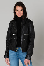 Slim lambskin biker jacket with Mao collar and metallic zip. - Image n°4