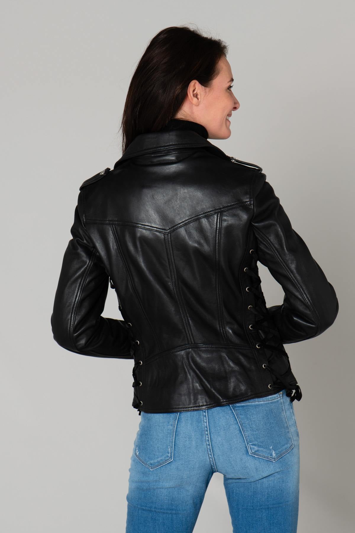 Leather Biker Jacket with lacing on the sides - Image n°7