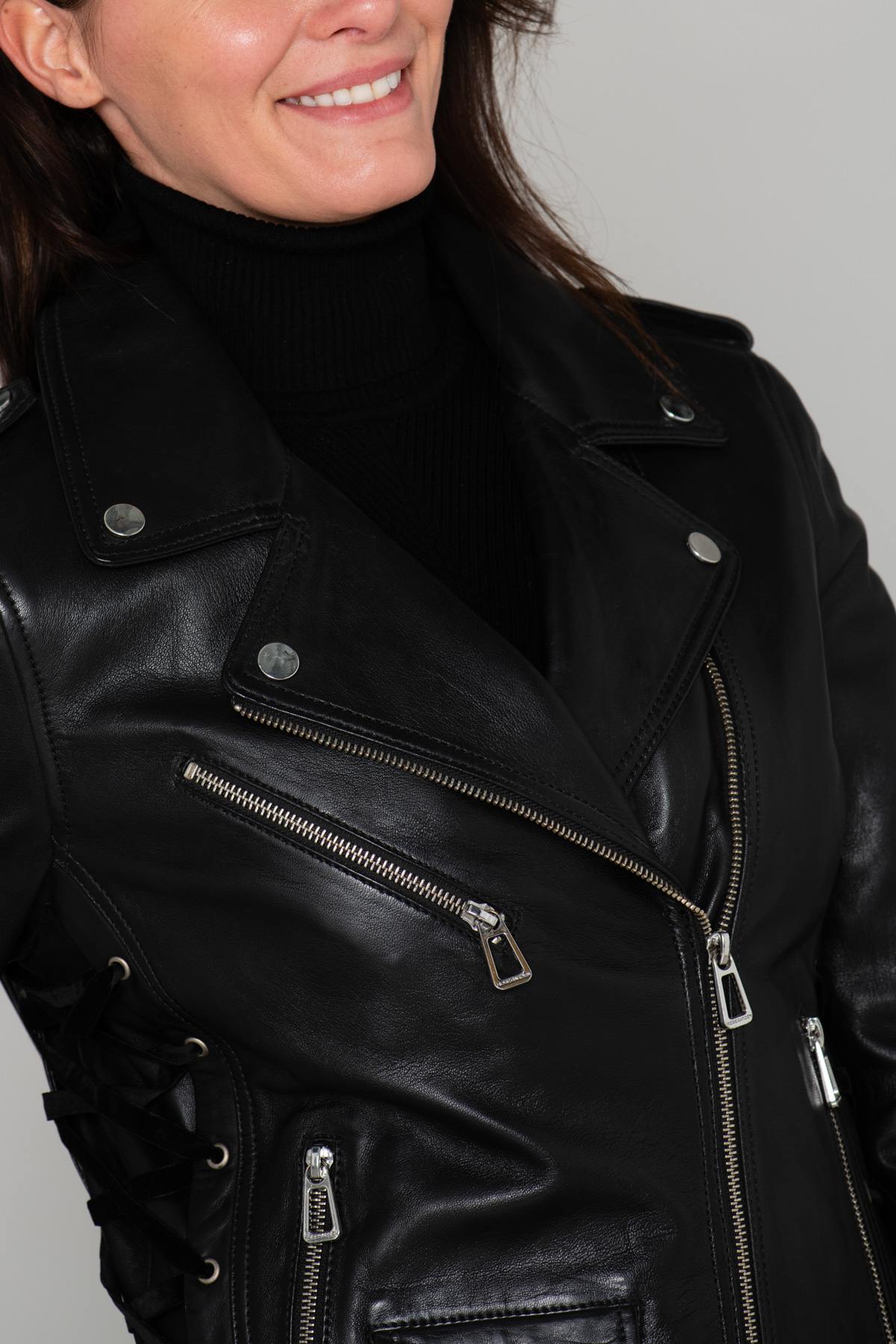 Leather Biker Jacket with lacing on the sides - Image n°9