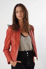 A relaxed-fit biker jacket in soft red lambskin with a worn-in feel. - Image n°13