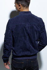 Navy blue suede leather bomber jacket - Image n°4