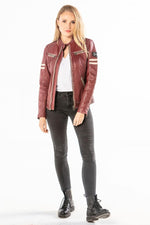 Red chilli sheep leather biker jacket with zipped cuffs and padding. - Image n°2