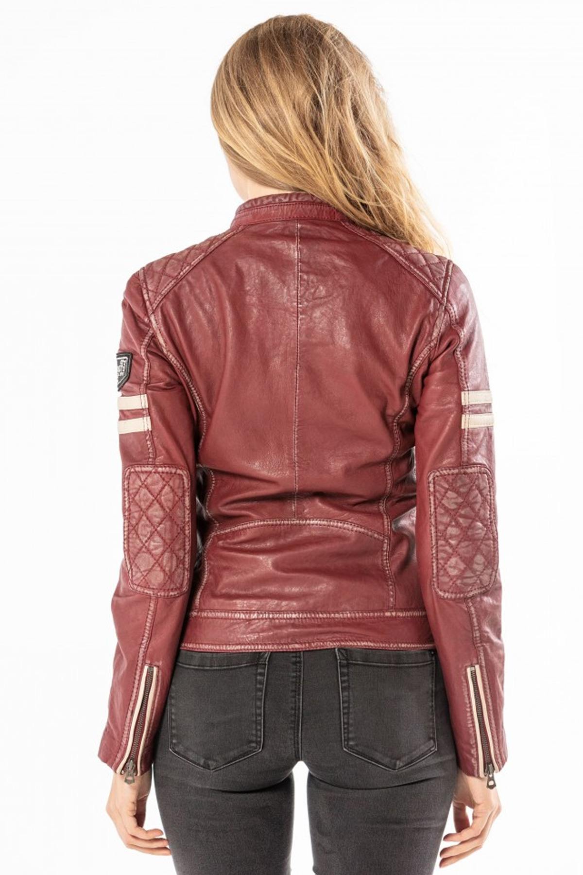 Red chilli sheep leather biker jacket with zipped cuffs and padding. - Image n°4