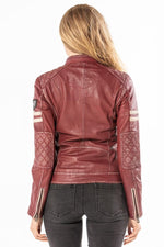 Red chilli sheep leather biker jacket with zipped cuffs and padding. - Image n°4