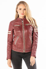 Red chilli sheep leather biker jacket with zipped cuffs and padding. - Image n°1