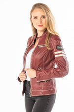Red chilli sheep leather biker jacket with zipped cuffs and padding. - Image n°3
