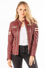 Red chilli sheep leather biker jacket with zipped cuffs and padding. - Image n°5