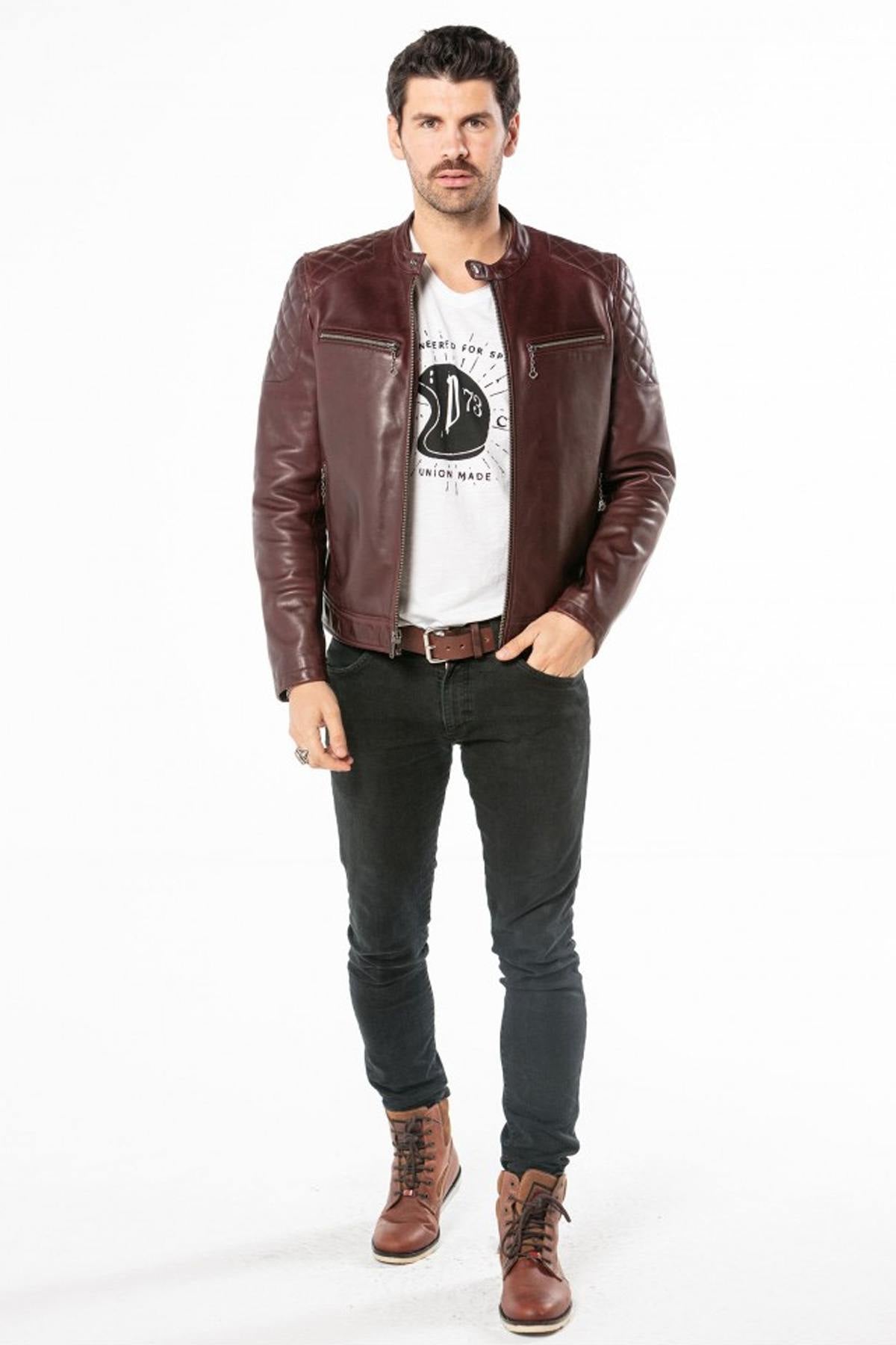 Bordeaux cowhide jacket: slim fit, moto collar, and aged rock details. - Image n°2