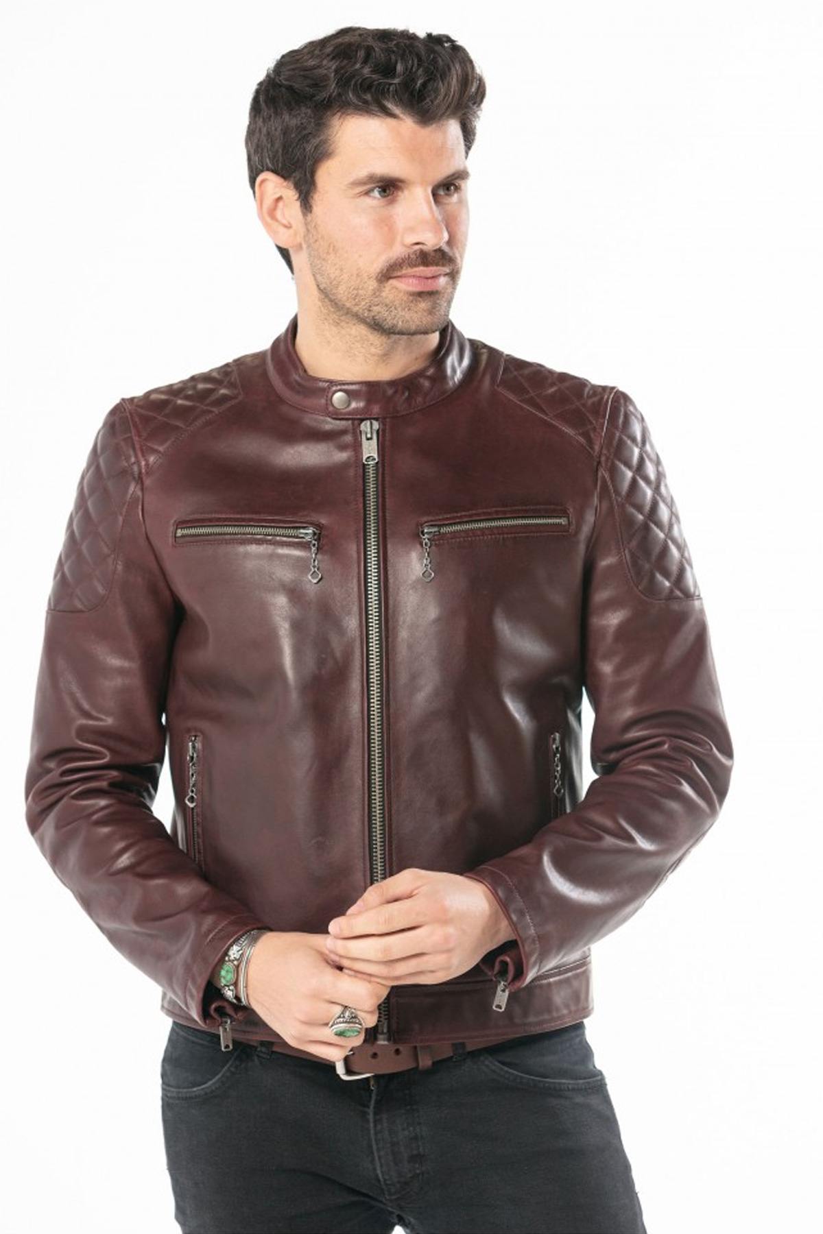 Bordeaux cowhide jacket: slim fit, moto collar, and aged rock details. - Image n°1