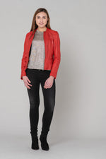 A relaxed-fit biker jacket in soft red lambskin with a worn-in feel. - Image n°8