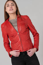 A relaxed-fit biker jacket in soft red lambskin with a worn-in feel. - Image n°7