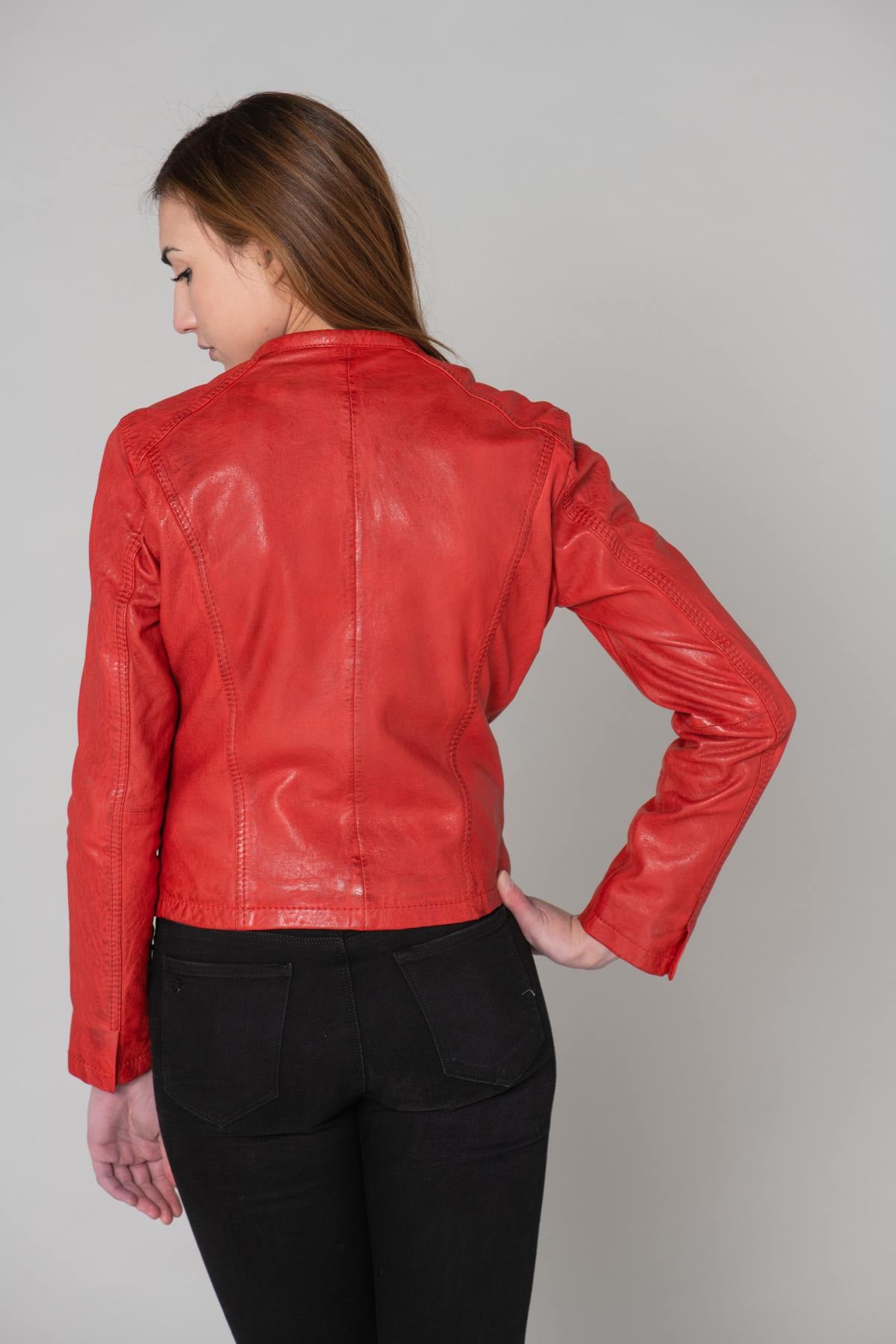 A relaxed-fit biker jacket in soft red lambskin with a worn-in feel. - Image n°11