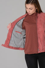 Mineral red suede goat leather jacket with curve fit and biker collar. - Image n°15