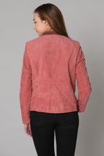 Mineral red suede goat leather jacket with curve fit and biker collar. - Image n°16