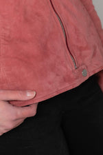 Mineral red suede goat leather jacket with curve fit and biker collar. - Image n°17