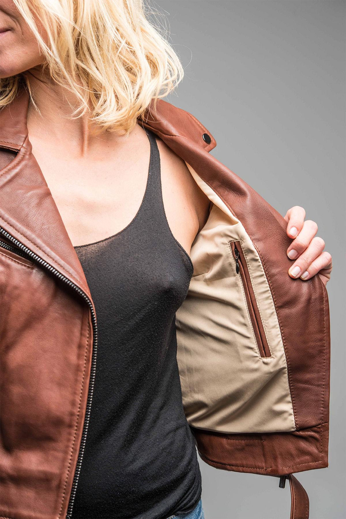 Dark cognac lambskin jacket, slim fit with biker collar. - Image n°13