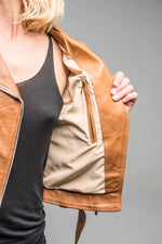 Sleek tan lambskin jacket with a slim biker cut and feminine edge. - Image n°15
