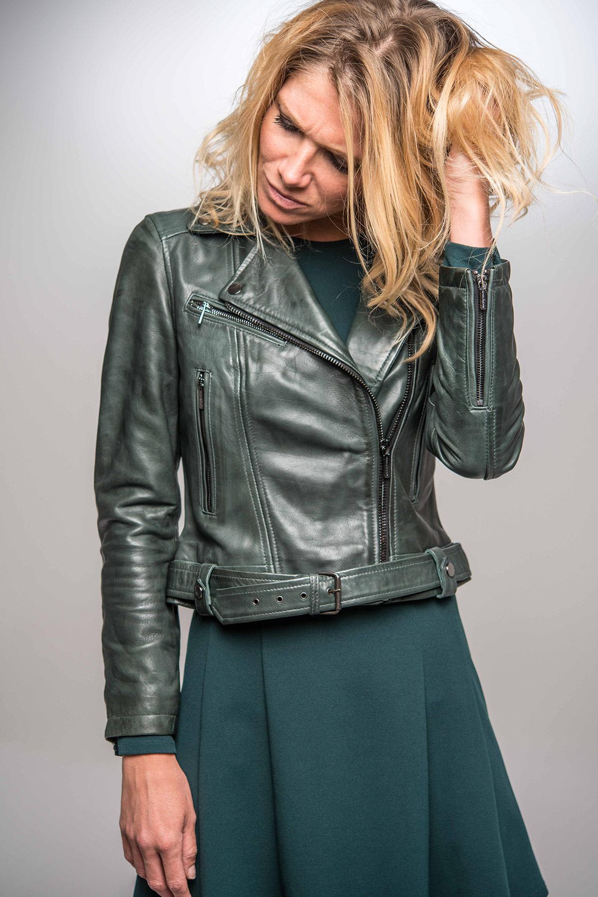 Biker Jacket in dark green lambskin - Image n°11