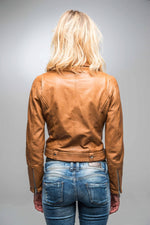 Sleek tan lambskin jacket with a slim biker cut and feminine edge. - Image n°16