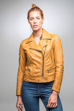 Lambskin biker jacket in spicy mustard. Cinched, zipped, silver accents. - Image n°5