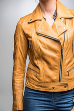 Lambskin biker jacket in spicy mustard. Cinched, zipped, silver accents. - Image n°6