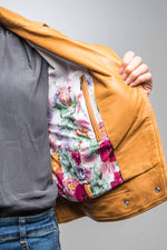 Lambskin biker jacket in spicy mustard. Cinched, zipped, silver accents. - Image n°8