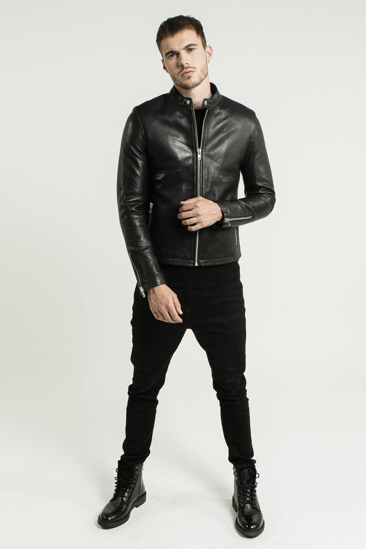 Black leather jacket with snap collar - Image n°8
