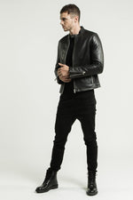 Black leather jacket with snap collar - Image n°14