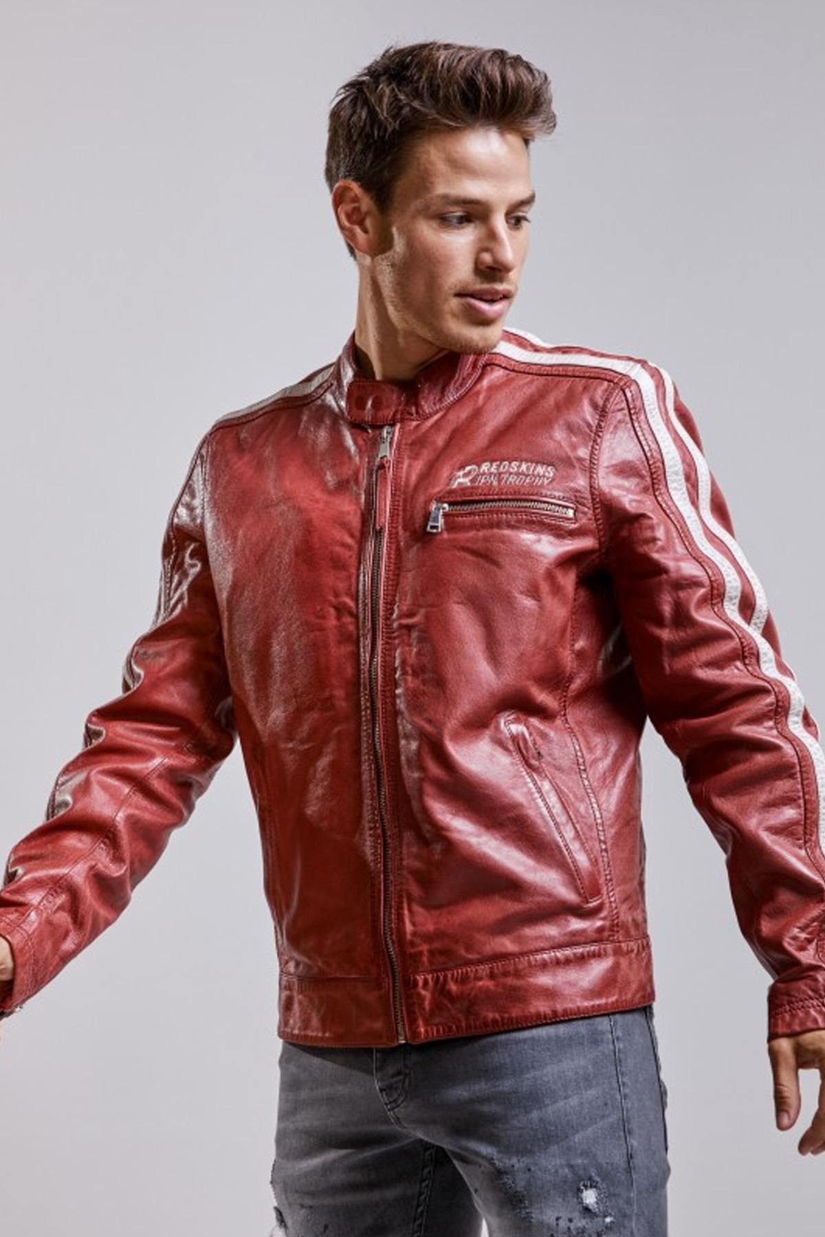 Redskins' worn-in red sheepskin jacket-racing stripes, biker style. - Image n°1