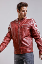 Redskins' worn-in red sheepskin jacket-racing stripes, biker style. - Image n°1