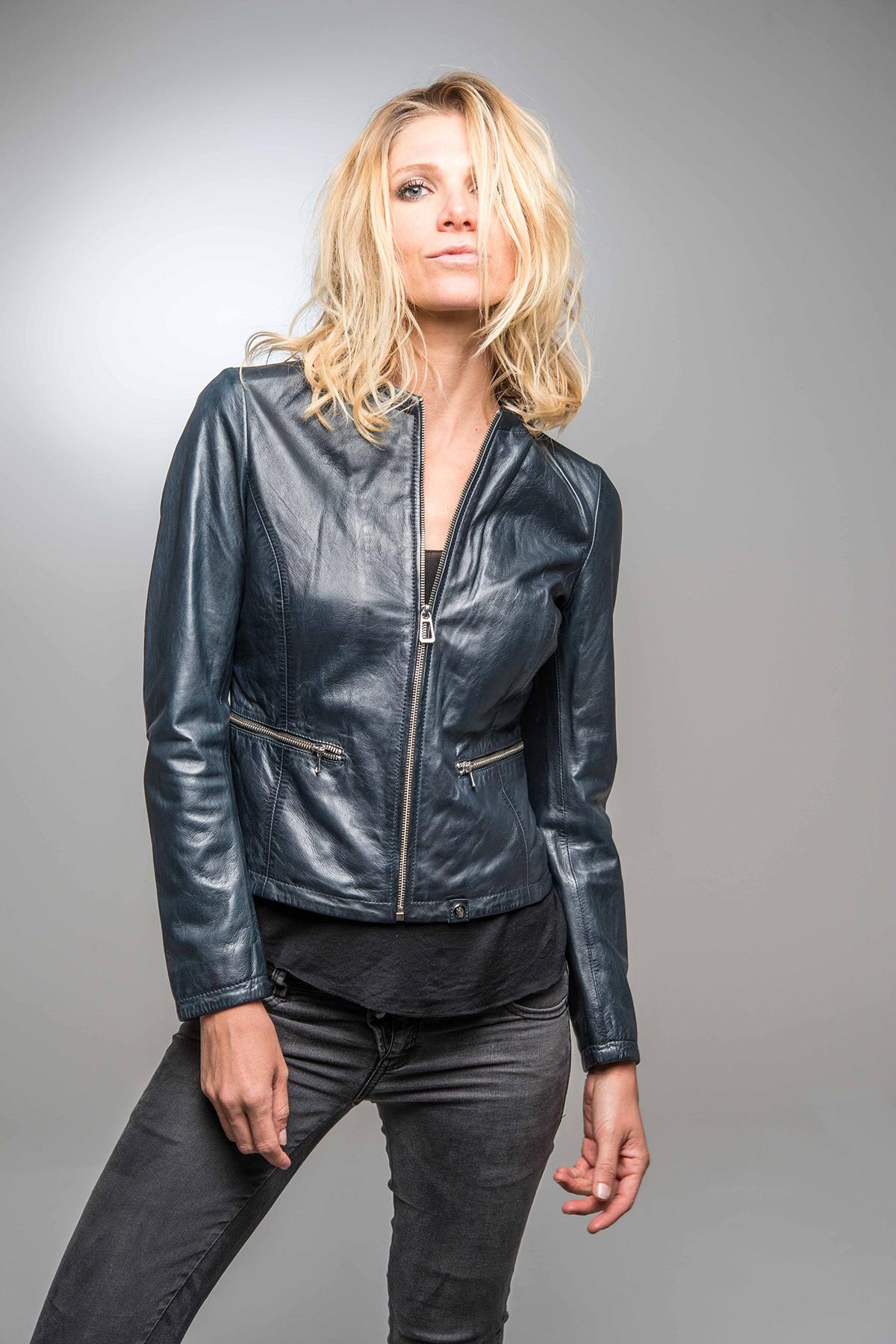 Navy lambskin jacket, collarless and slim-soft, chic, and urban-ready. - Image n°1