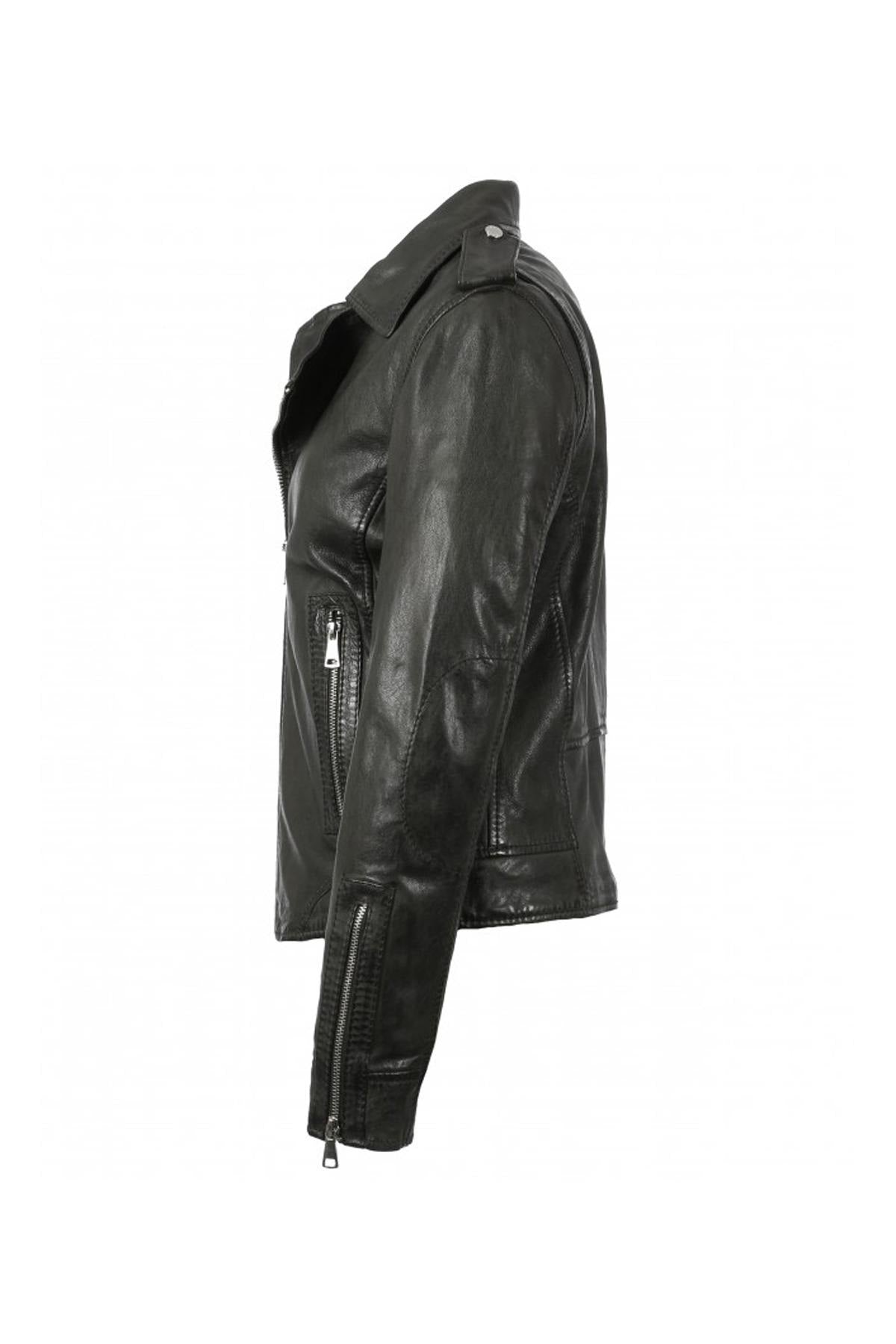 A dark khaki sheep leather biker jacket, slim and rock-chic in design. - Image n°9