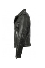 A dark khaki sheep leather biker jacket, slim and rock-chic in design. - Image n°9