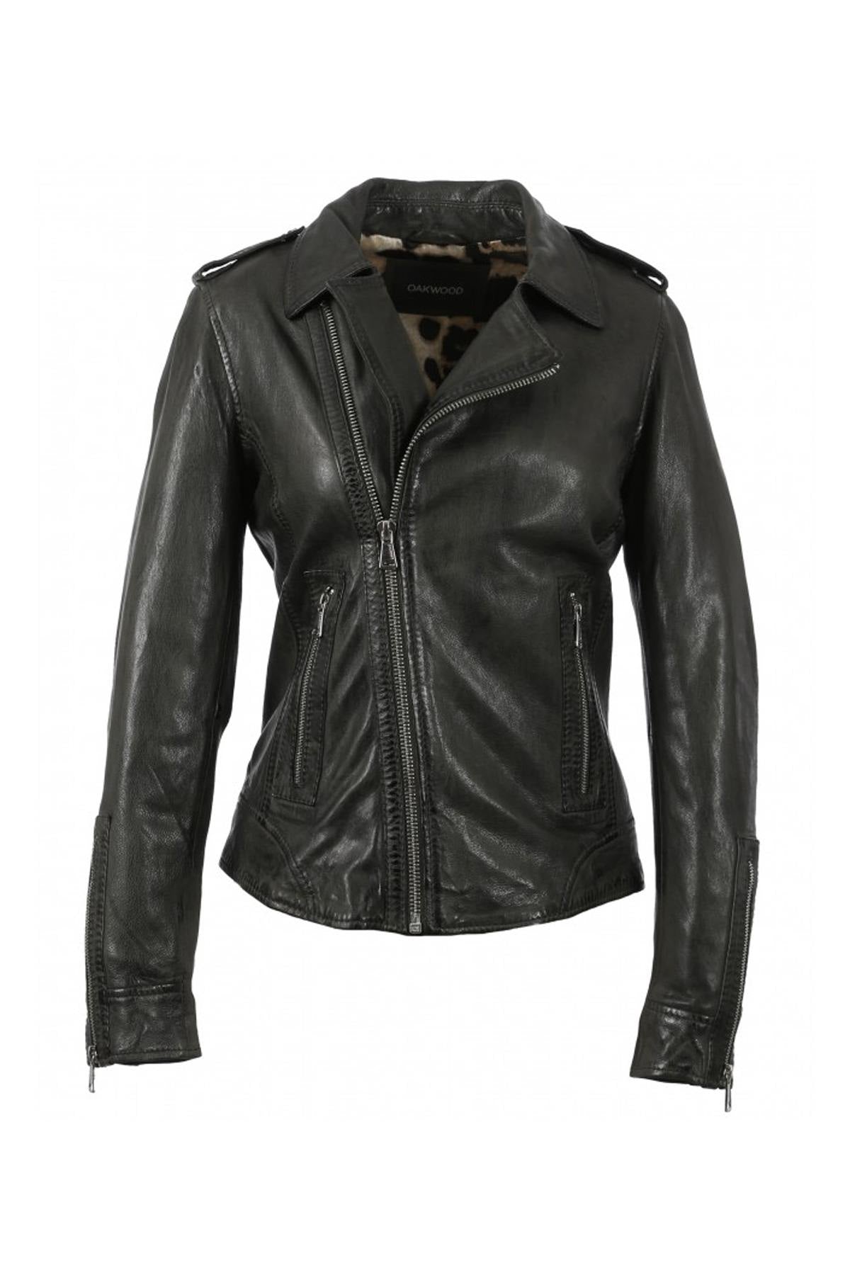 A dark khaki sheep leather biker jacket, slim and rock-chic in design. - Image n°8